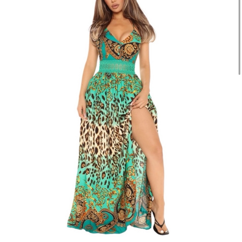 Slit Sleeveless Maxi Dress - Green/combo